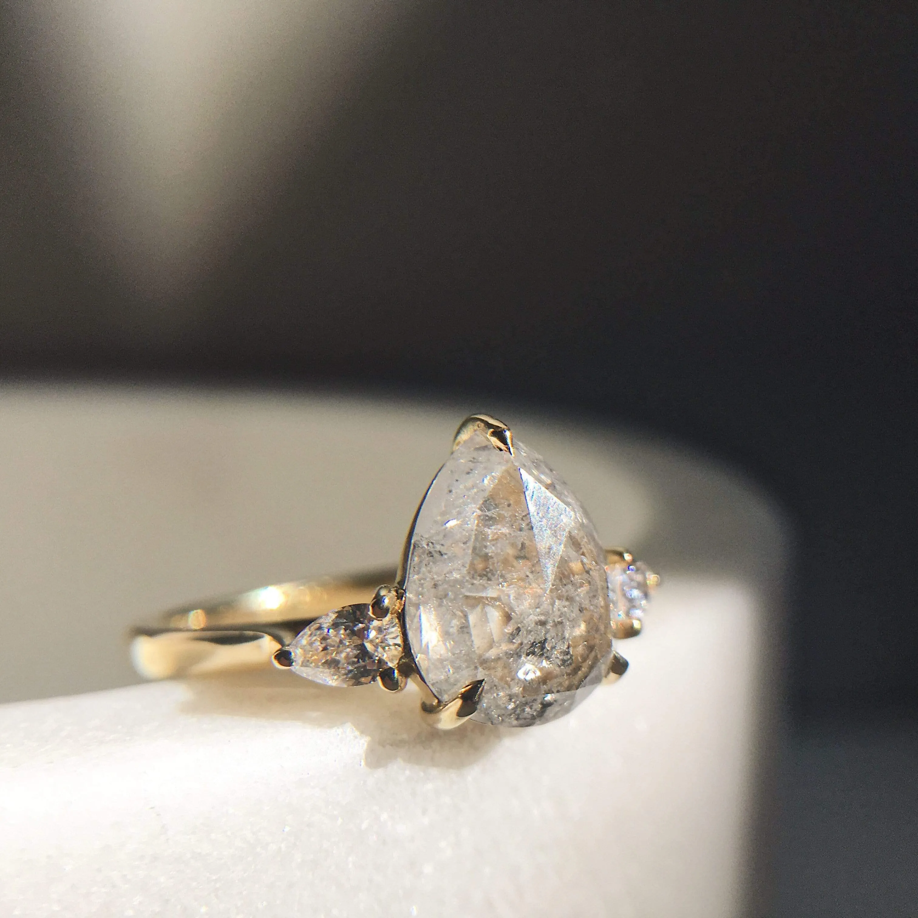 2.28ct Icy Salt and Pepper Diamond Pear Shape Engagement Ring, Luna Setting