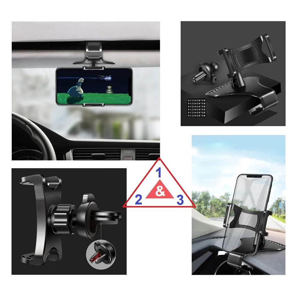 3 in 1 Car GPS Smartphone Holder: Dashboard / Visor Clamp   AC Grid Clip for Sharp AQUOS PHONE mini SH-M03 (2016) - Black