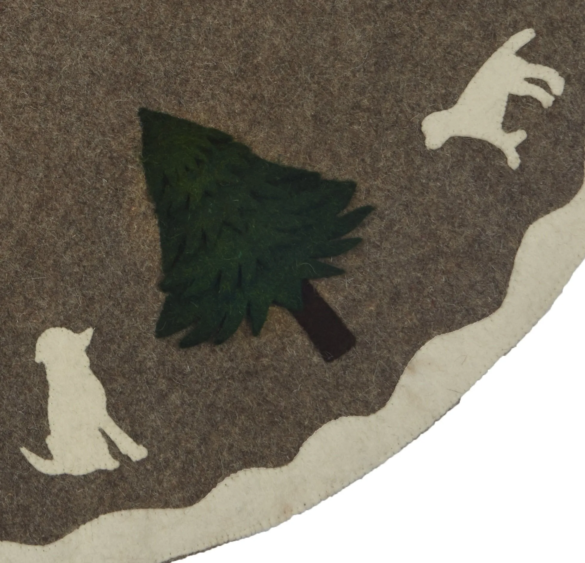 72" Cream Dogs And Green Trees Christmas Tree Skirt On Gray In Hand Felted Wool