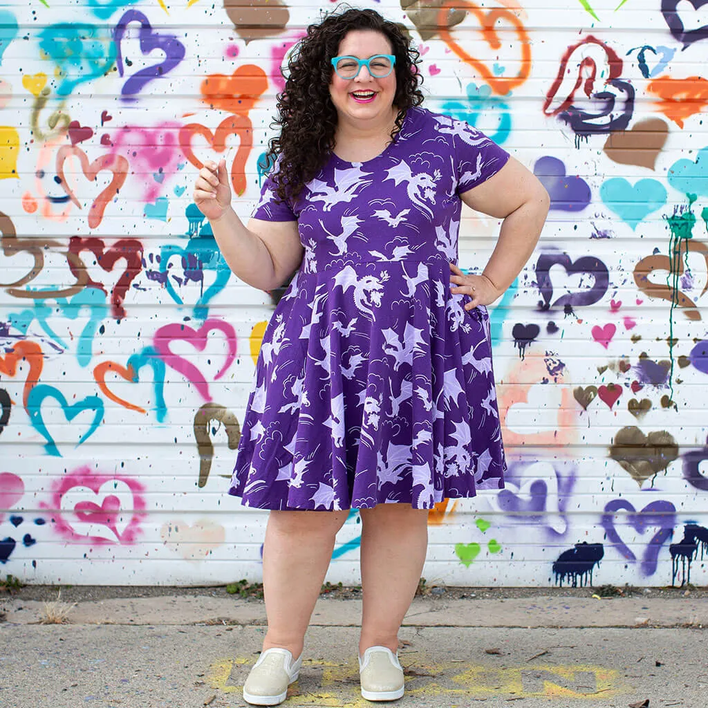 Adult "Purple Reign" Dragons Short Sleeve Super Twirler Dress with Pockets