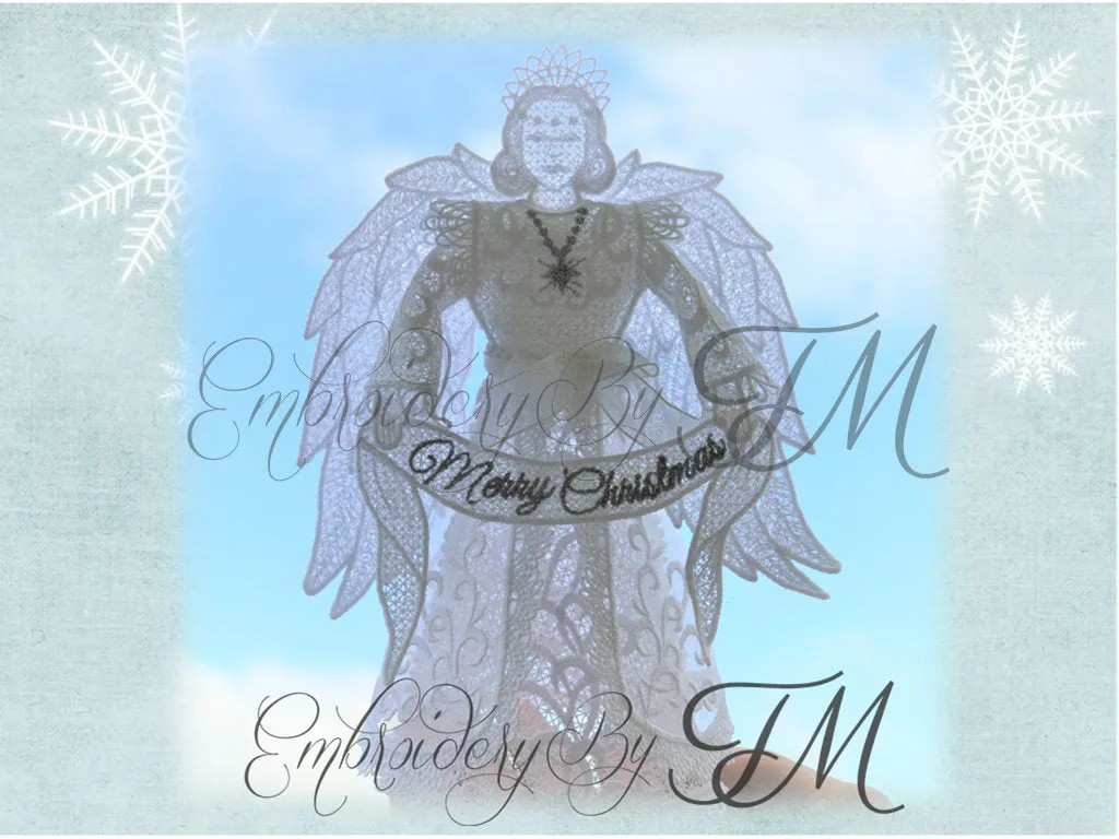 Angel 3D - Merry Christmas / The inscription on the ribbon is in four languages-English, French, German /5x7 hoop
