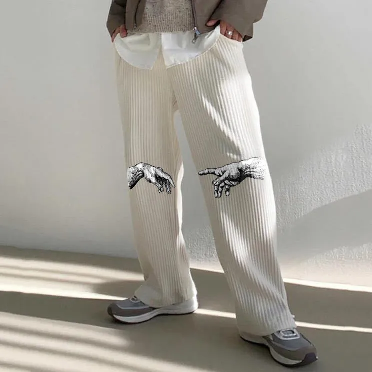 Casual corduroy art print street trousers