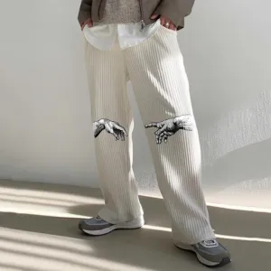 Casual corduroy art print street trousers