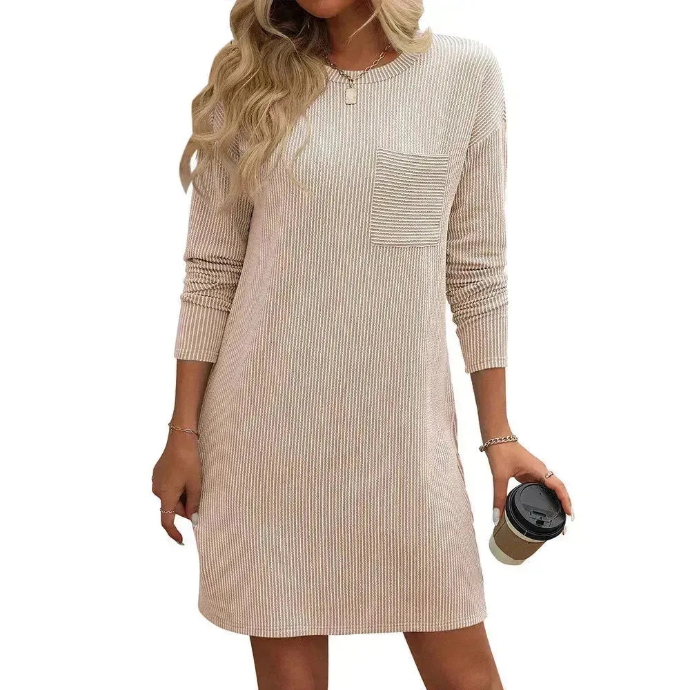 Casual New Solid Color Striped With Pockets Long Sleeve Loose Mini Dress Fashion Round Neck Straight Dress Women's Clothing