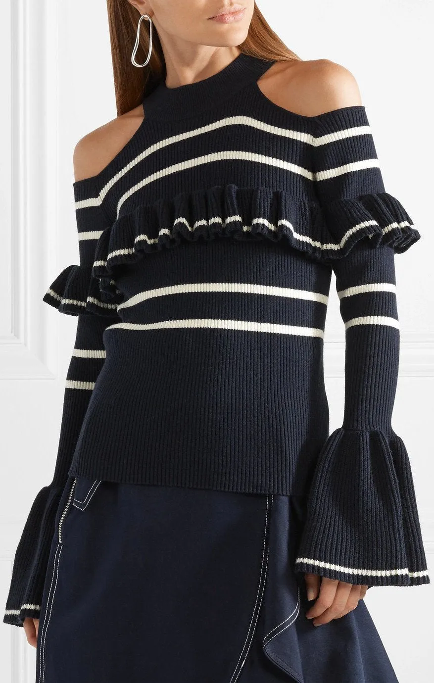 Cold-Shoulder Striped Sweater and Asymmetric Ruffled Skirt *Low Stock*