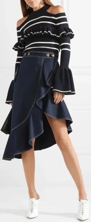 Cold-Shoulder Striped Sweater and Asymmetric Ruffled Skirt *Low Stock*