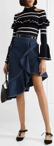 Cold-Shoulder Striped Sweater and Asymmetric Ruffled Skirt *Low Stock*