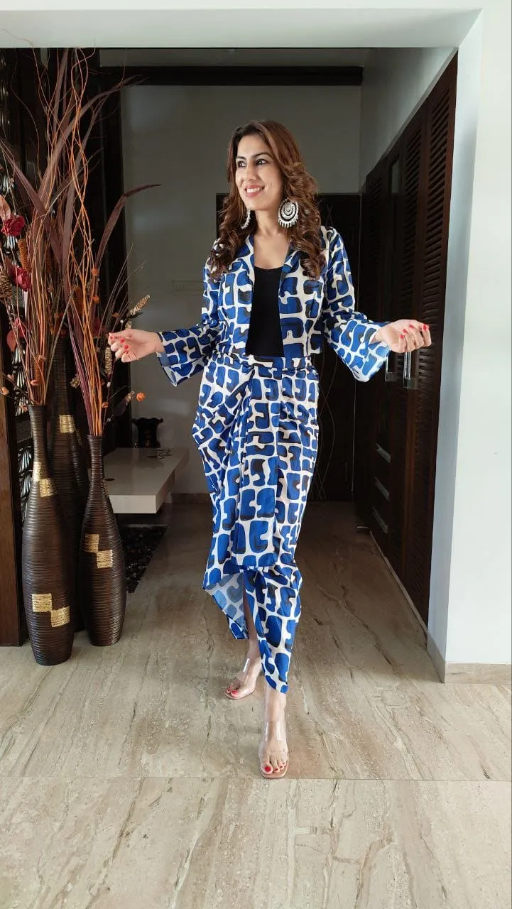 Cube Blue Dhoti Skirt Jacket Coord Set
