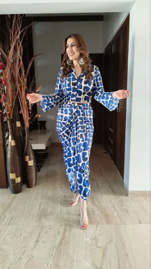 Cube Blue Dhoti Skirt Jacket Coord Set