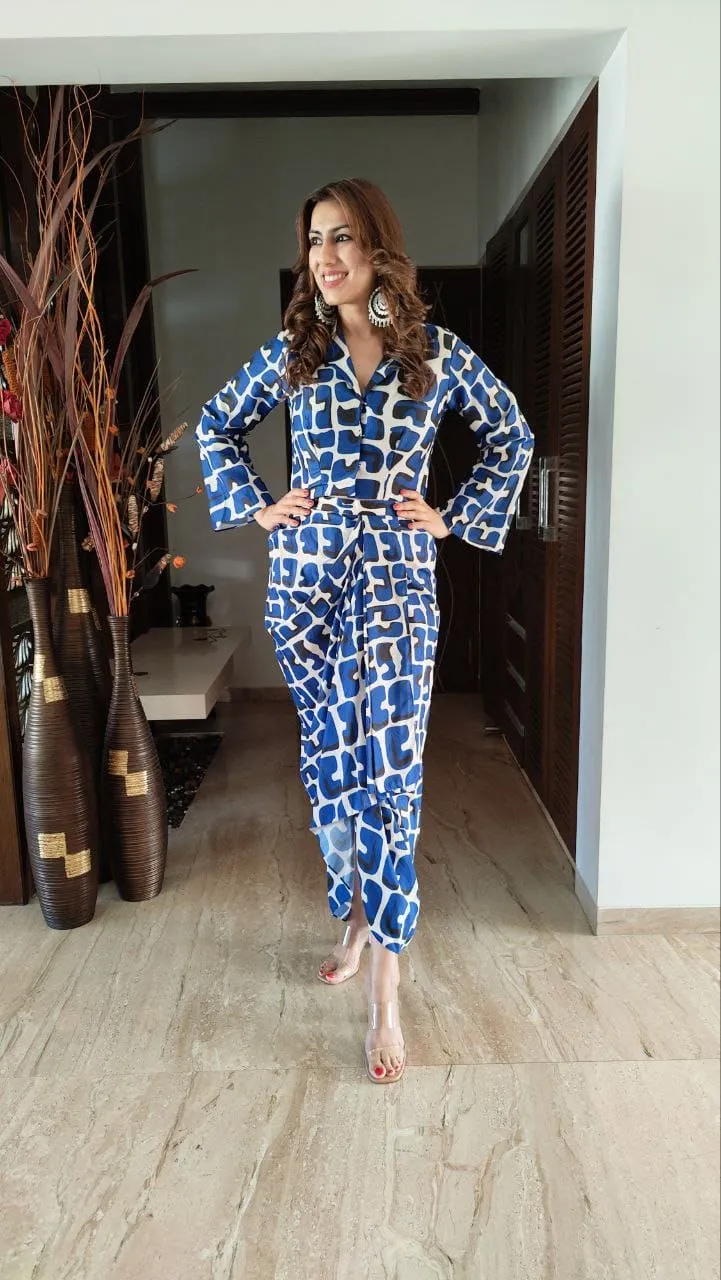 Cube Blue Dhoti Skirt Jacket Coord Set