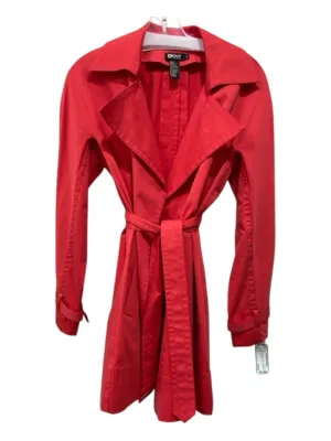 DKNY Size S Red Cotton Blend Wrap Trench Knee Length Coat