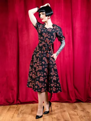 Dolly 1940s Black & Red Floral Dress V021BRC