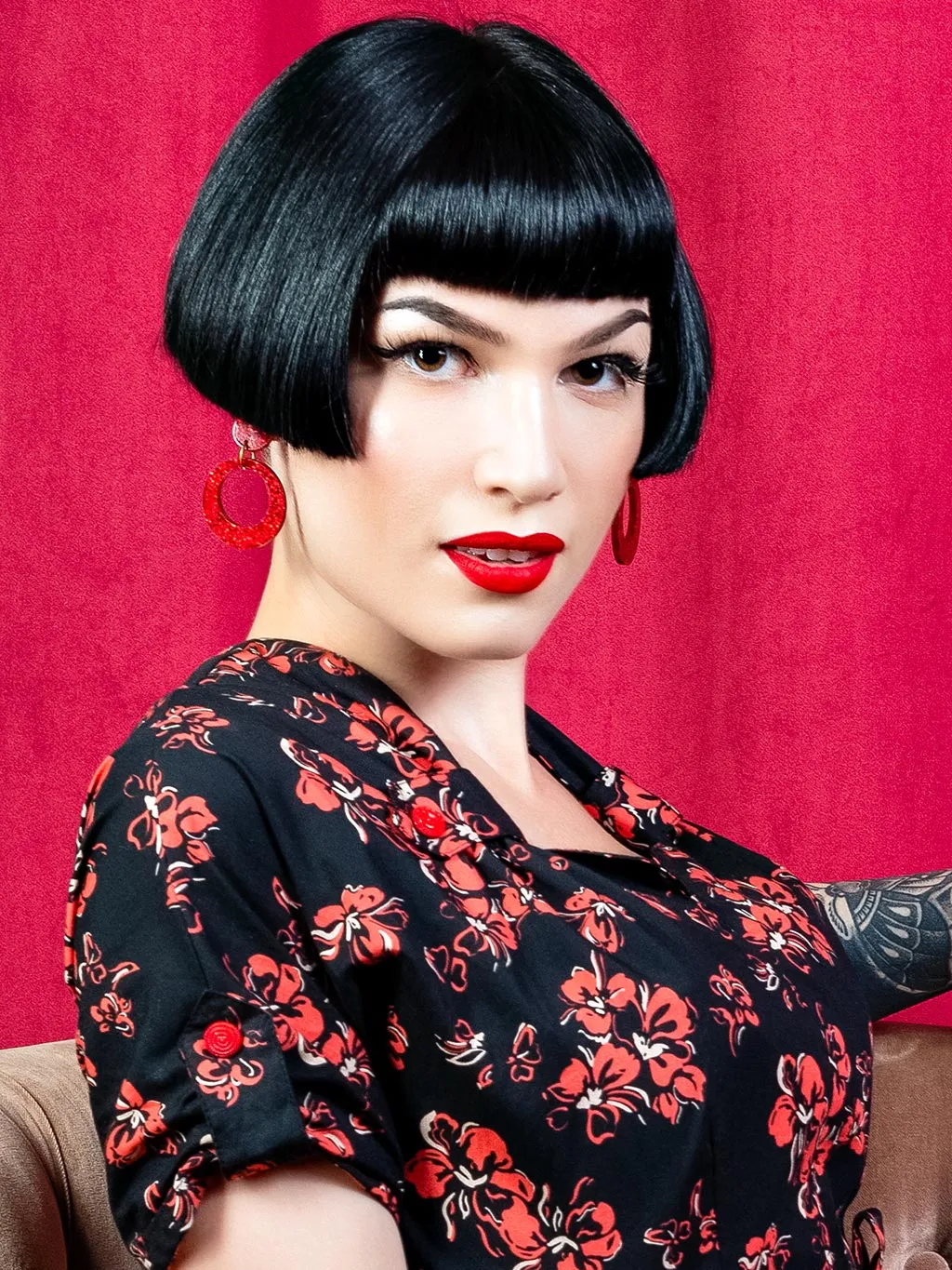 Dolly 1940s Black & Red Floral Dress V021BRC
