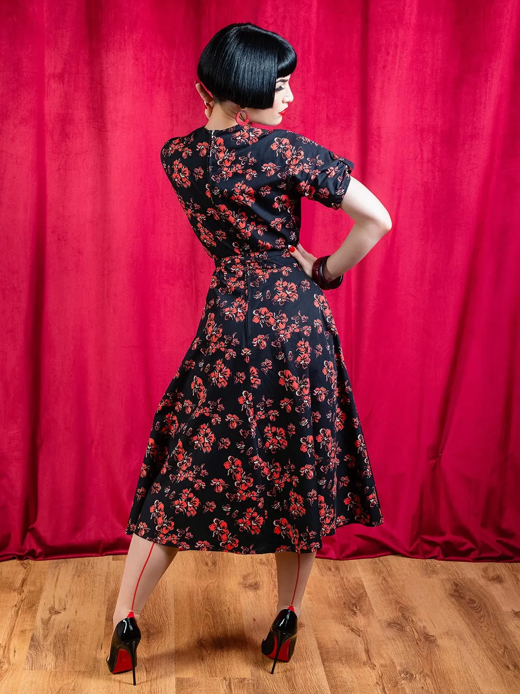 Dolly 1940s Black & Red Floral Dress V021BRC