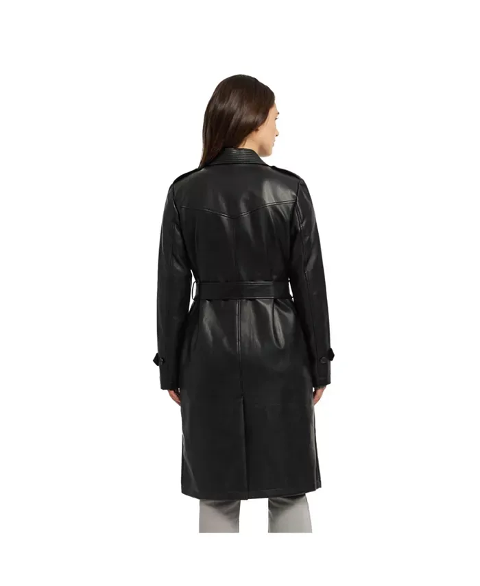 Ellen Tracy Vegan Leather Belted Trench Coat - Black