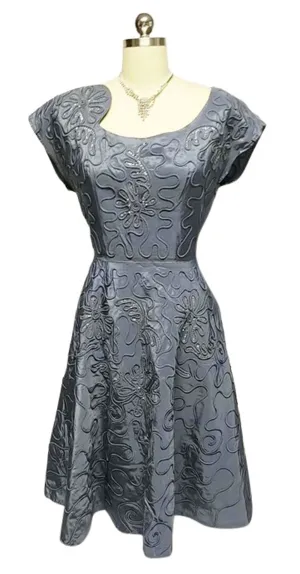 EXQUISITE VINTAGE  '40s AN ORIGINAL PARNES FEINSTEIN SPARKLING SEQUIN & SOUTACHE TAFFETA COCKTAIL EVENING DRESS WITH METAL ZIPPER