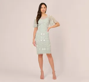 Floral Beaded Dress With Sheer Flutter Sleeves In Icy Sage Ivory