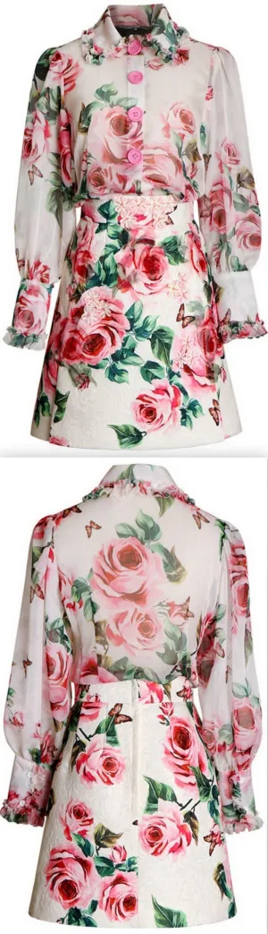 Floral Print Blouse and Jacquard Mini Skirt