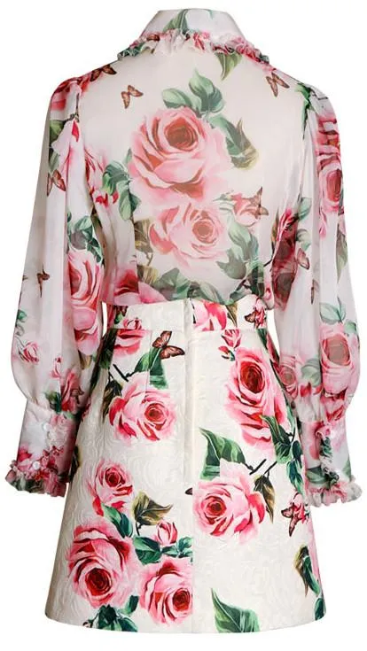 Floral Print Blouse and Jacquard Mini Skirt