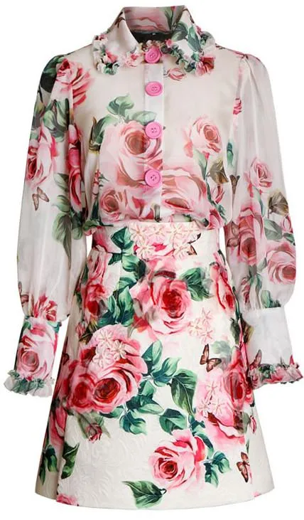 Floral Print Blouse and Jacquard Mini Skirt