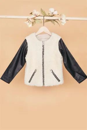 Girls Ivory Black Faux Shearling Contrast Sleeves Jacket /1-1-3-2