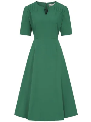 Green Pintuck Shoulder Vintage Style Dress
