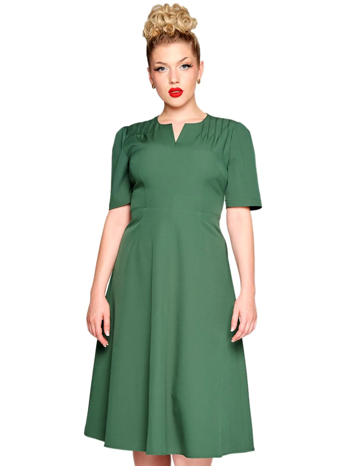 Green Pintuck Shoulder Vintage Style Dress