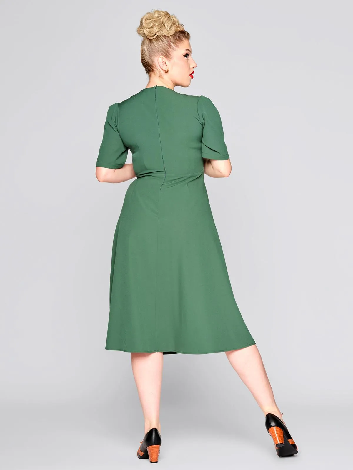 Green Pintuck Shoulder Vintage Style Dress