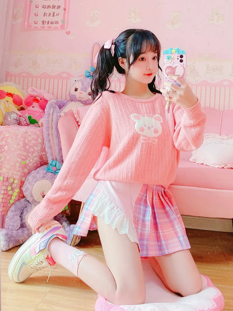 Harajuku High Waist Love Heart Chain Sweet Pink Blue Plaid Pleated Skirt