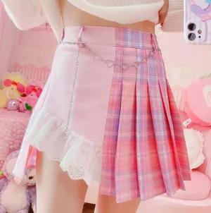 Harajuku High Waist Love Heart Chain Sweet Pink Blue Plaid Pleated Skirt
