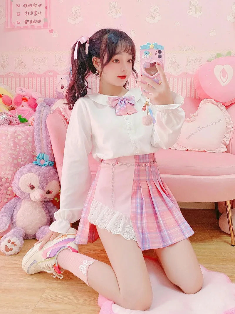 Harajuku High Waist Love Heart Chain Sweet Pink Blue Plaid Pleated Skirt