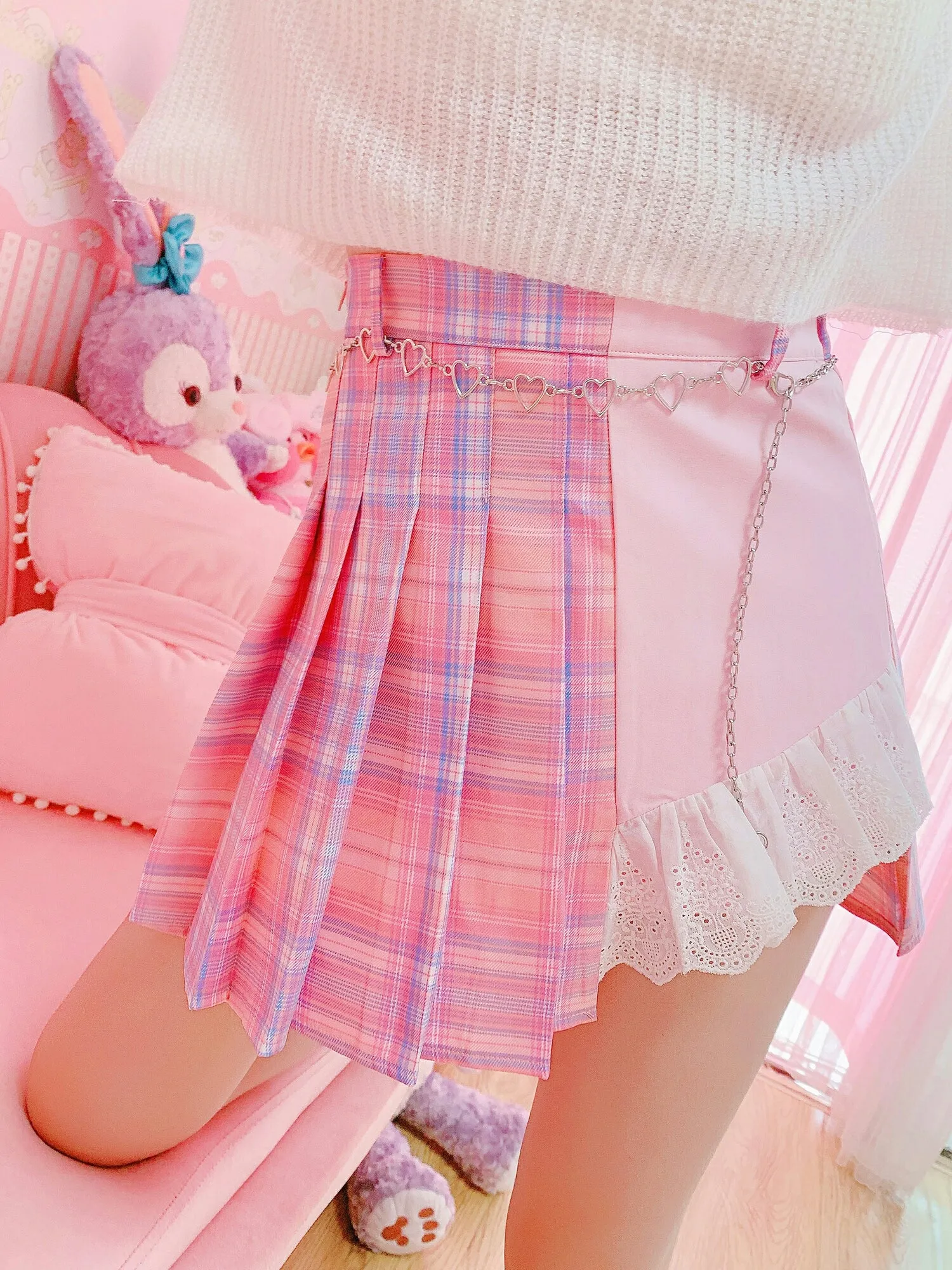 Harajuku High Waist Love Heart Chain Sweet Pink Blue Plaid Pleated Skirt