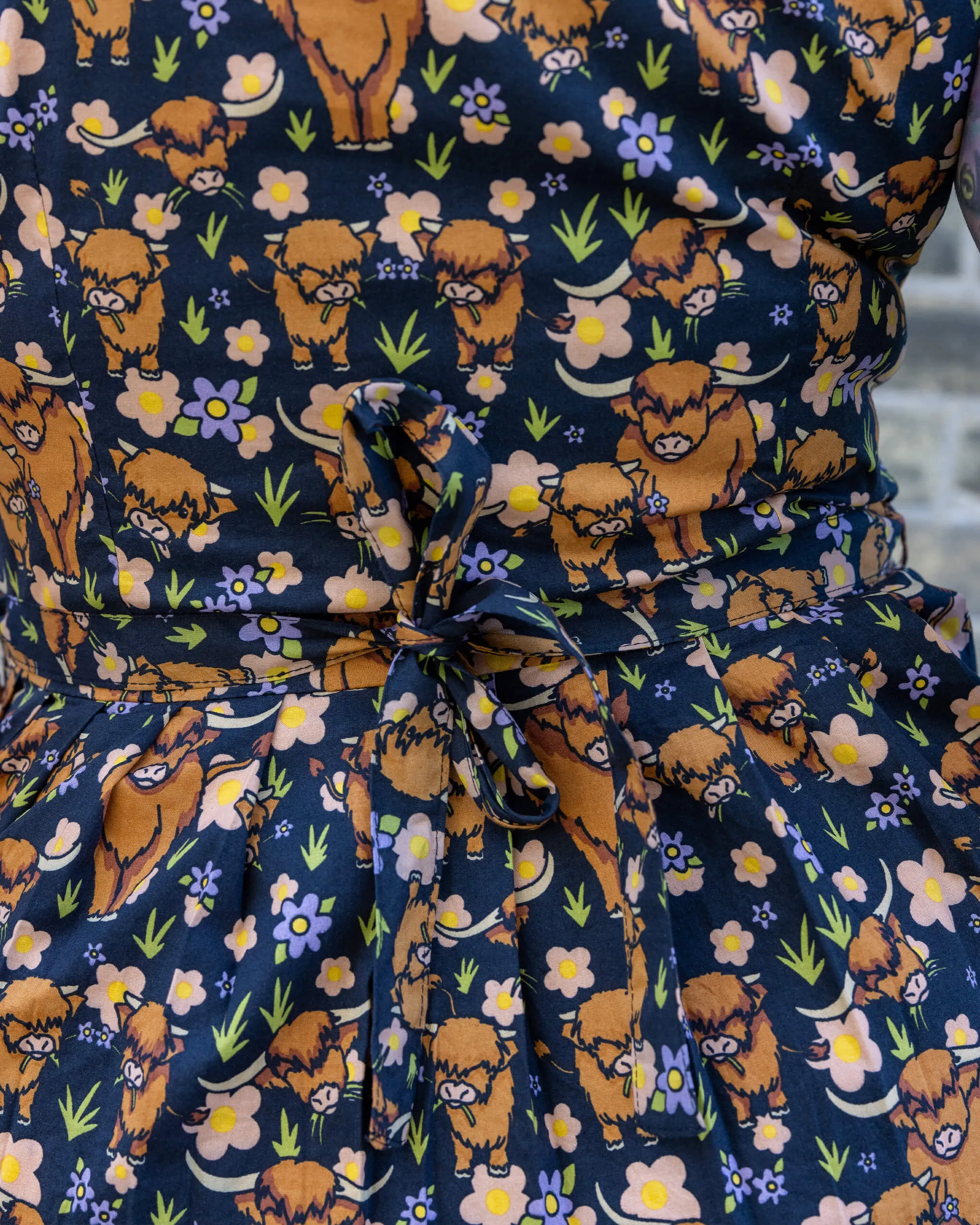Highland Cows Stretch Belted Tea Dress with Pockets