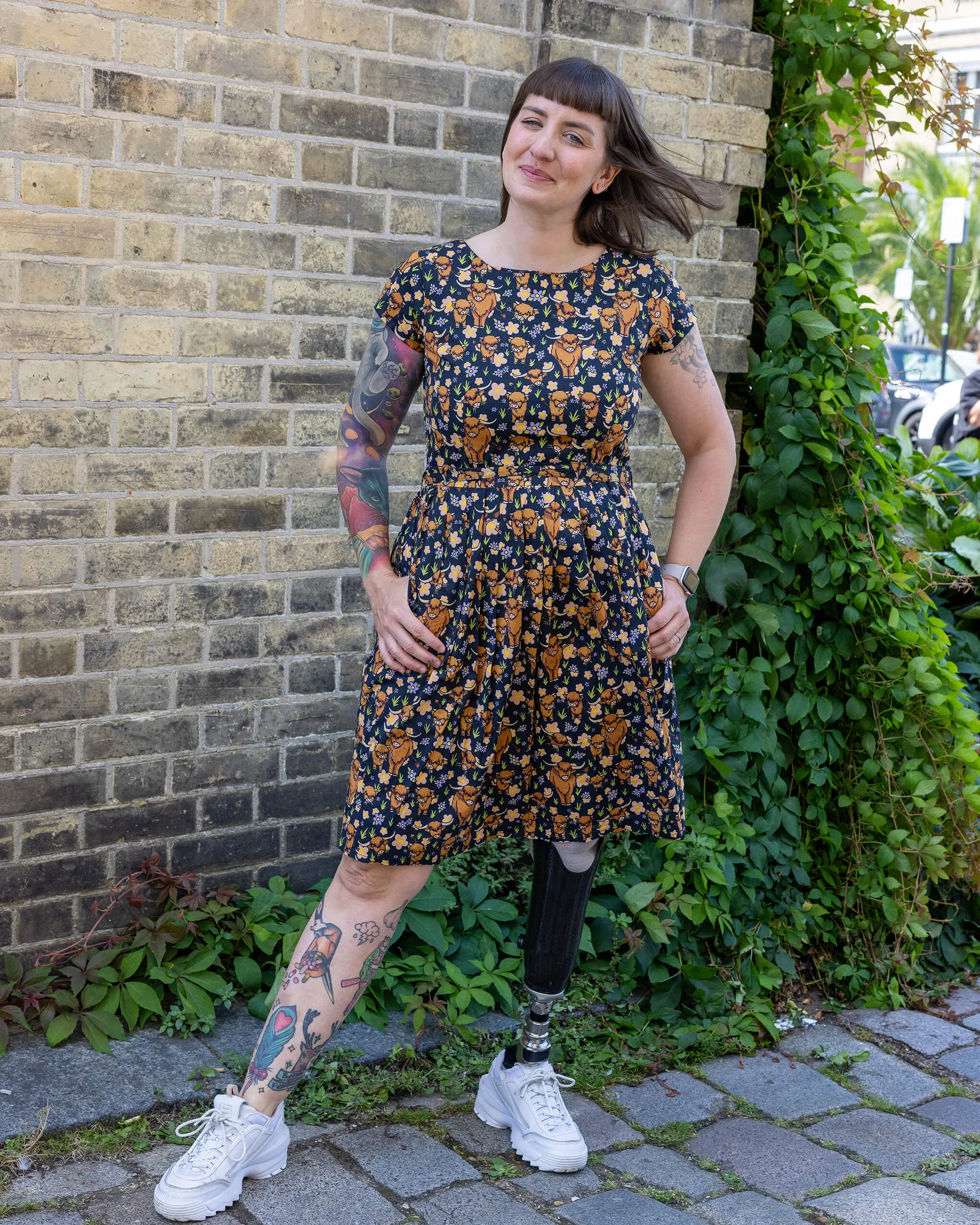 Highland Cows Stretch Belted Tea Dress with Pockets