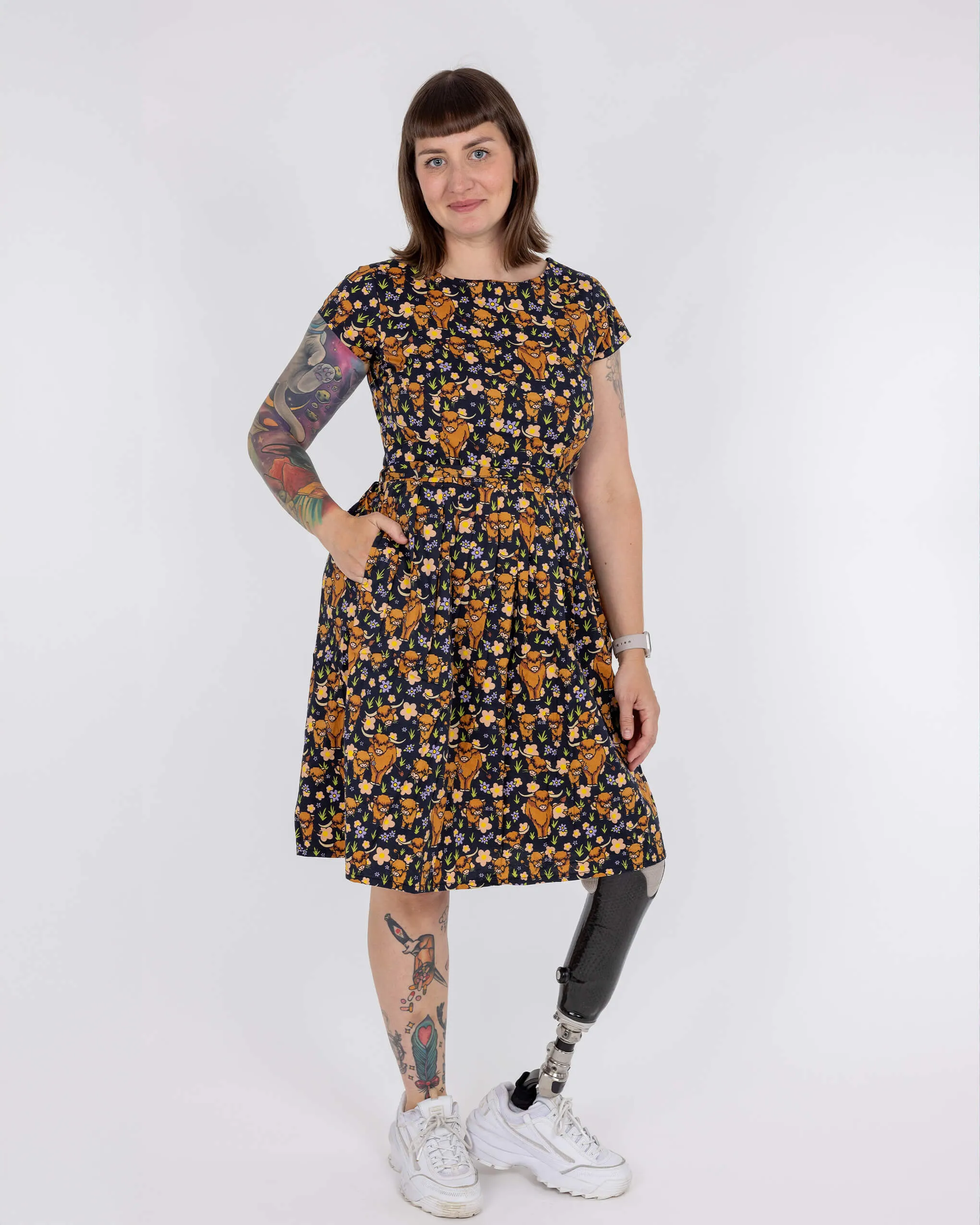 Highland Cows Stretch Belted Tea Dress with Pockets