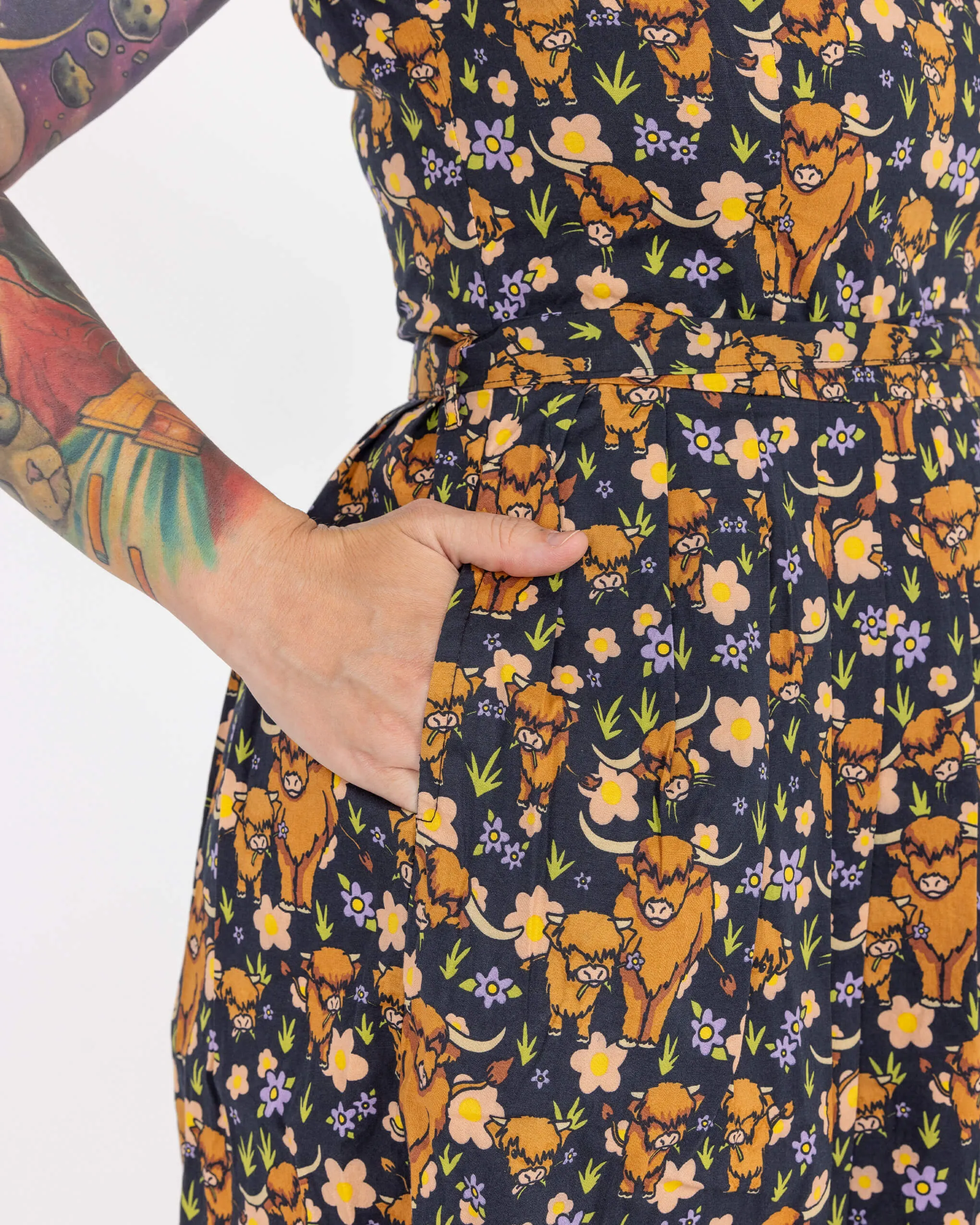 Highland Cows Stretch Belted Tea Dress with Pockets