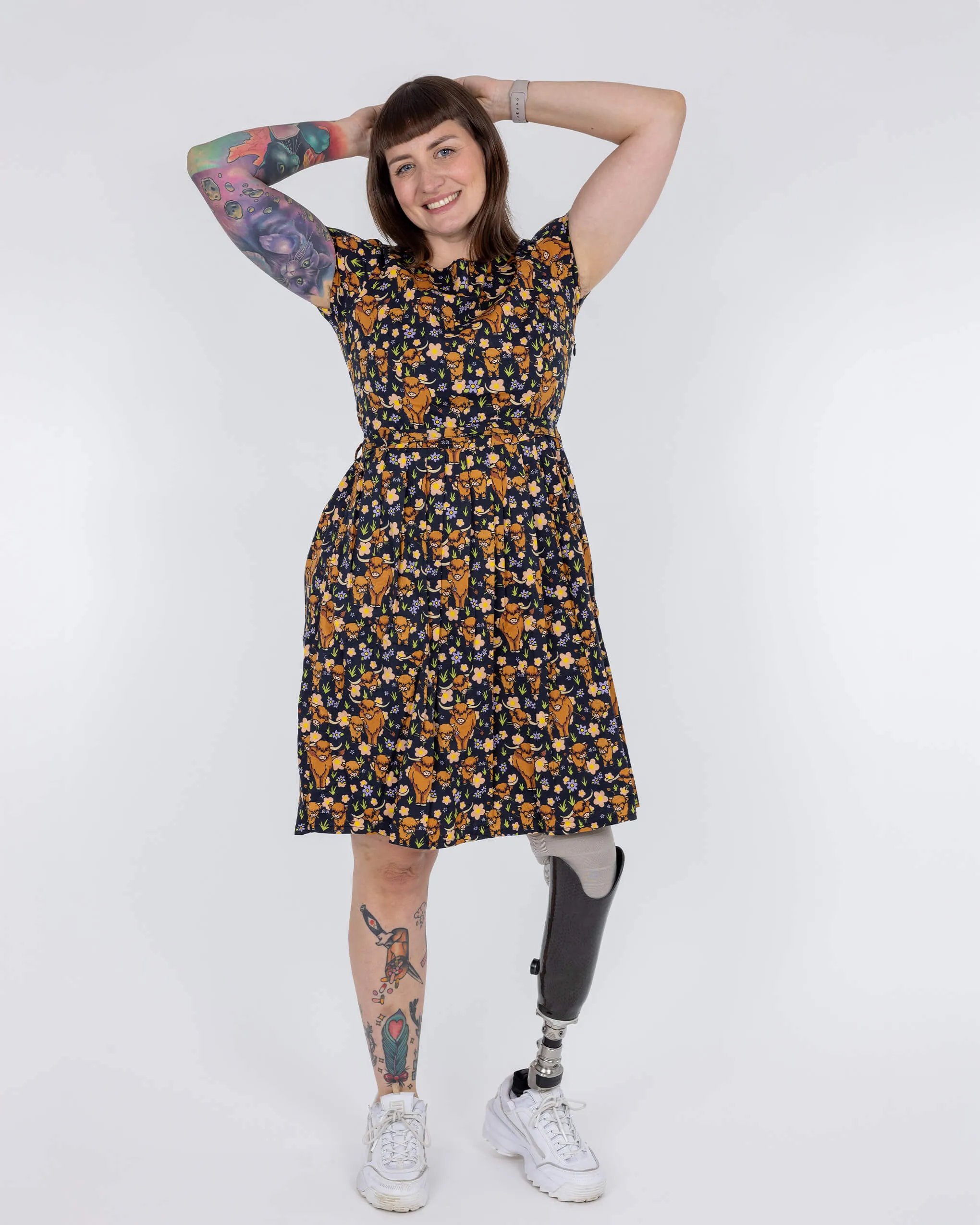 Highland Cows Stretch Belted Tea Dress with Pockets