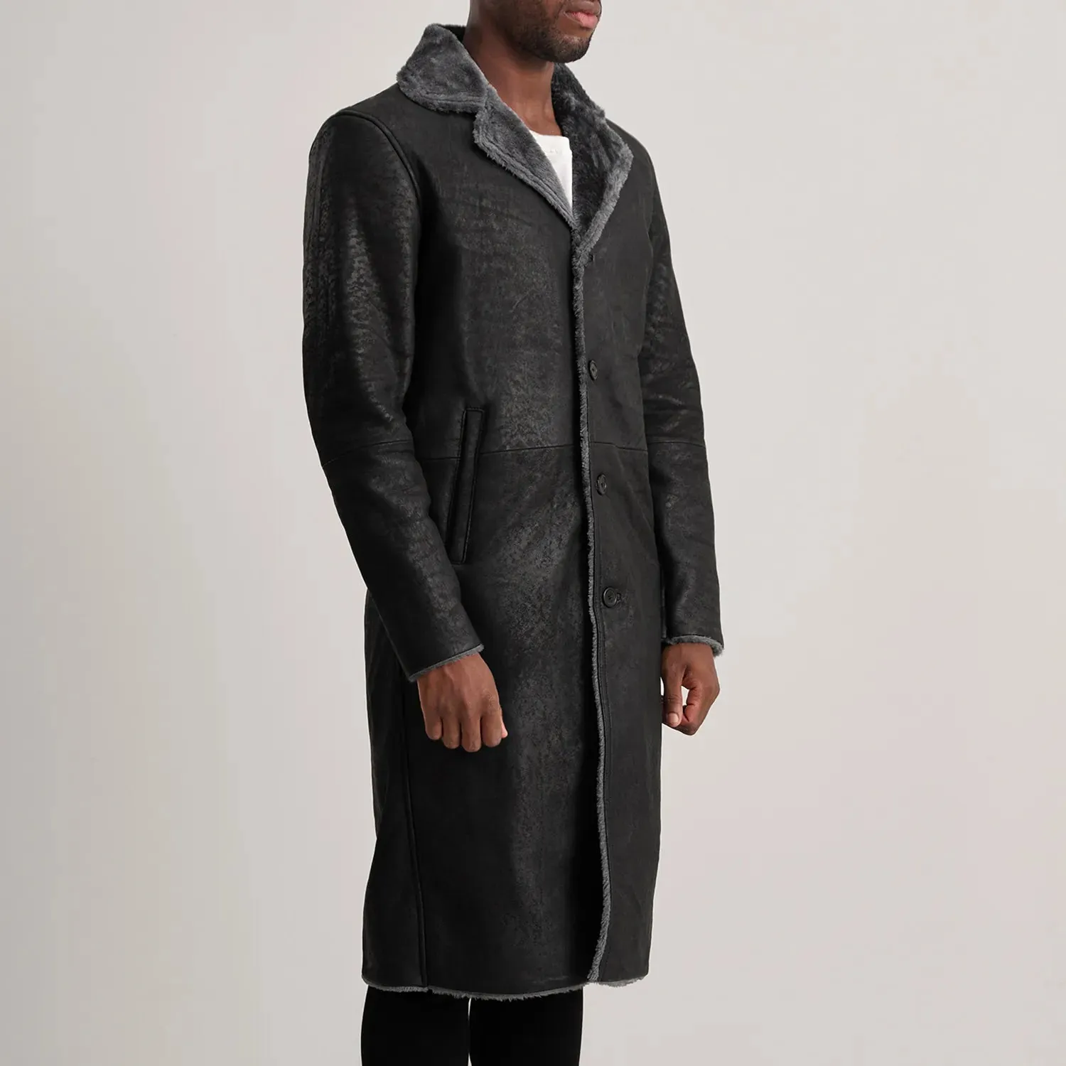 Kolby Distressed Black Shearling Long Coat