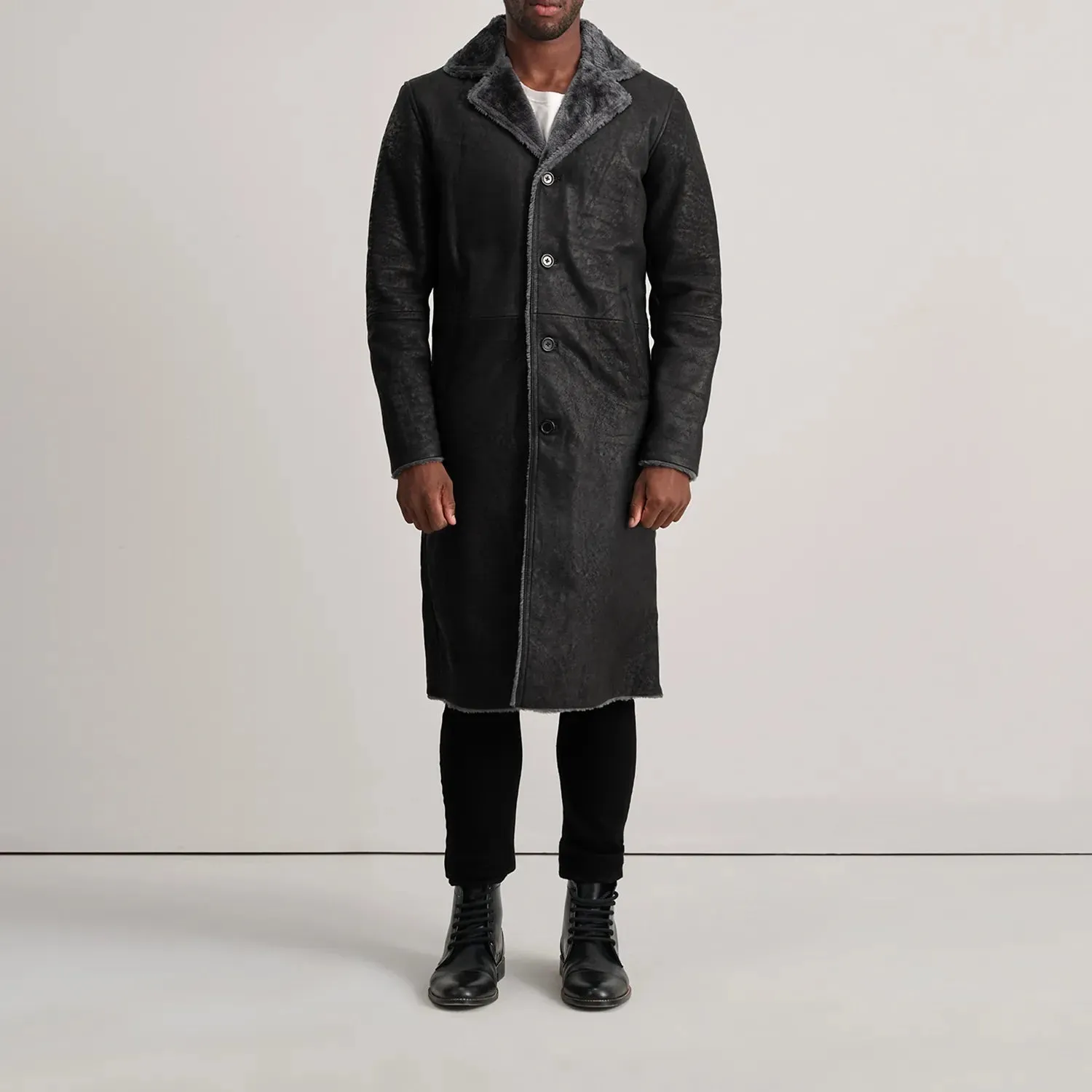 Kolby Distressed Black Shearling Long Coat