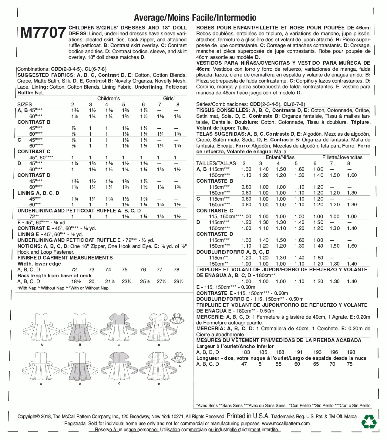 McCall's Pattern M7707 Children/Girls' Dresses and 18" Doll Dress