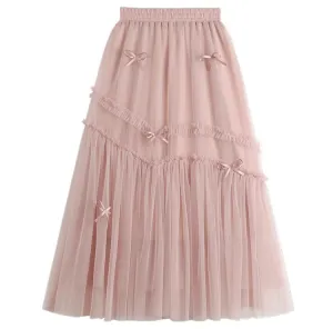 Princess Fairytale Stitching Bow White Cream Pink Black Long Gathered Skirt