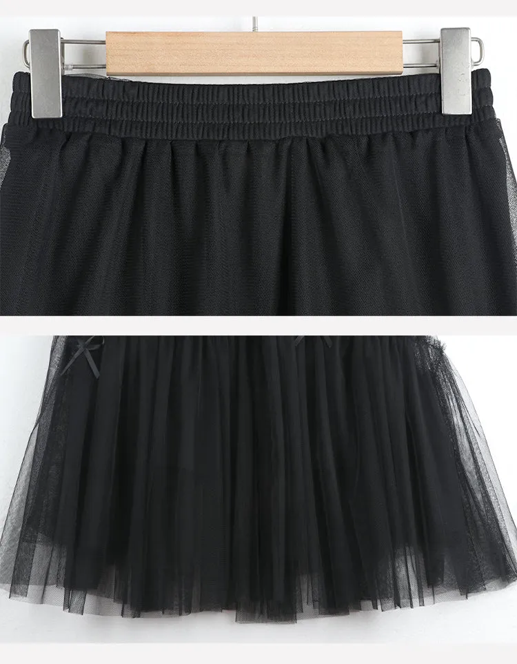 Princess Fairytale Stitching Bow White Cream Pink Black Long Gathered Skirt