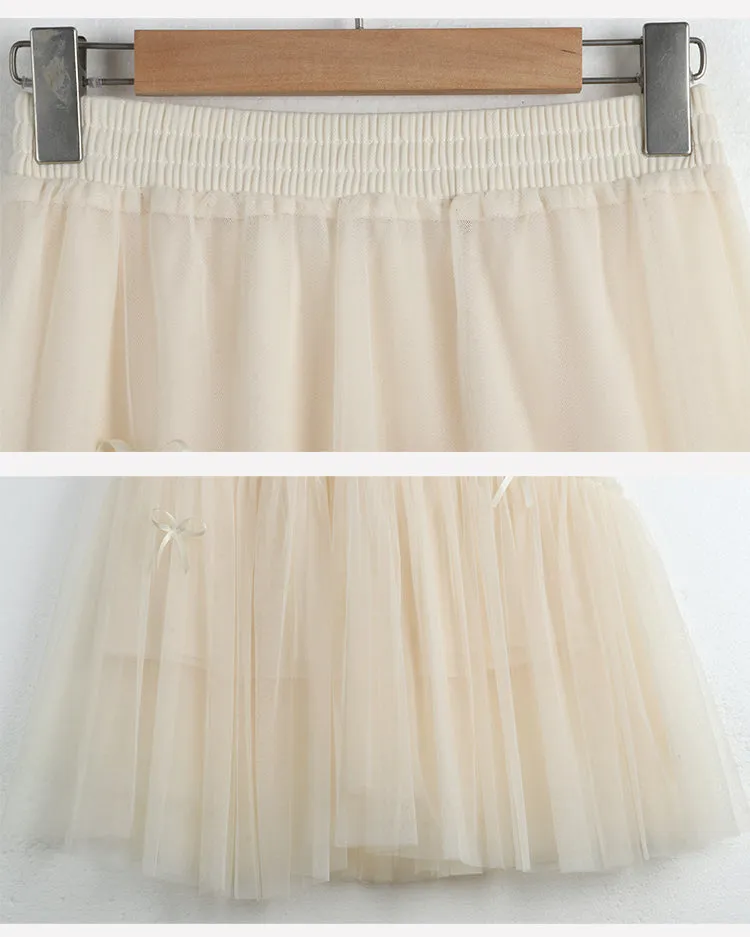 Princess Fairytale Stitching Bow White Cream Pink Black Long Gathered Skirt