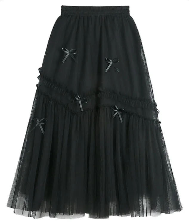 Princess Fairytale Stitching Bow White Cream Pink Black Long Gathered Skirt