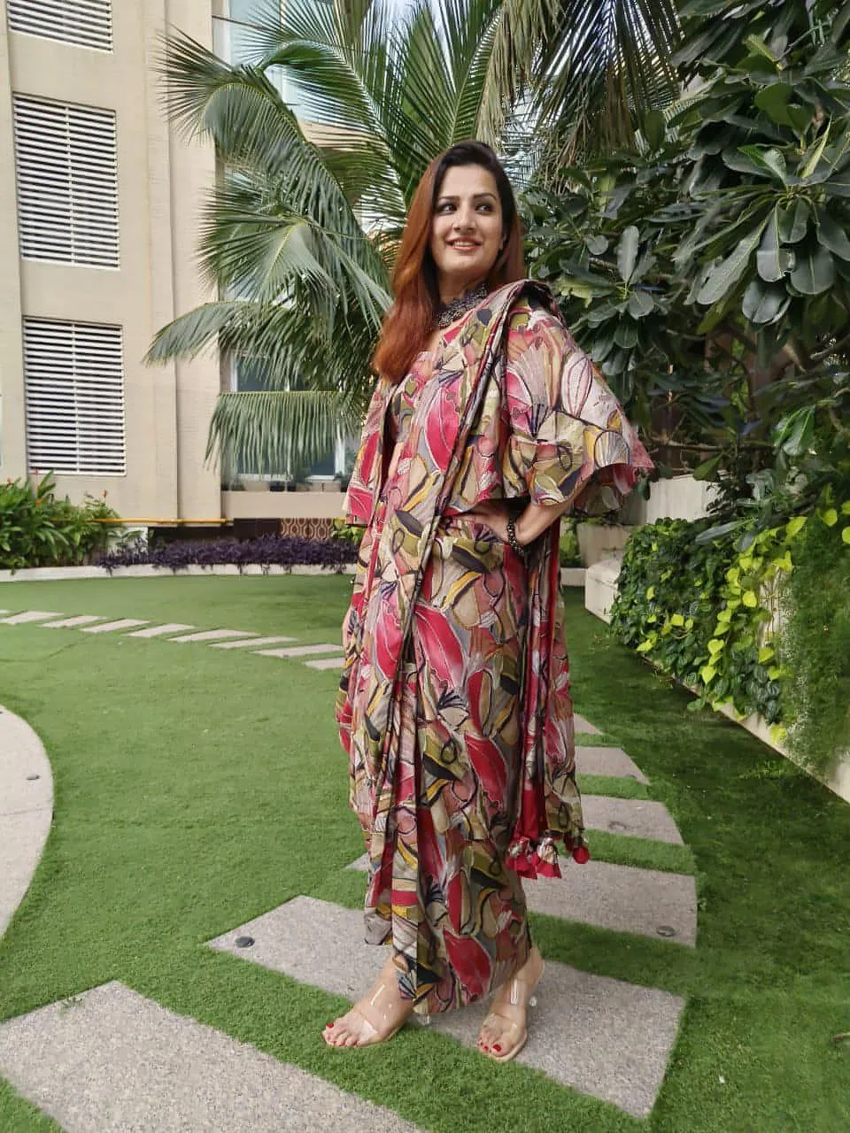Red Abstract Drape Sari 3 Piece Set