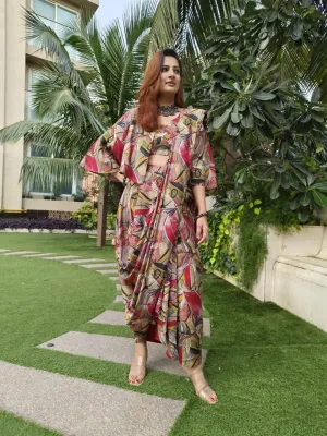 Red Abstract Drape Sari 3 Piece Set