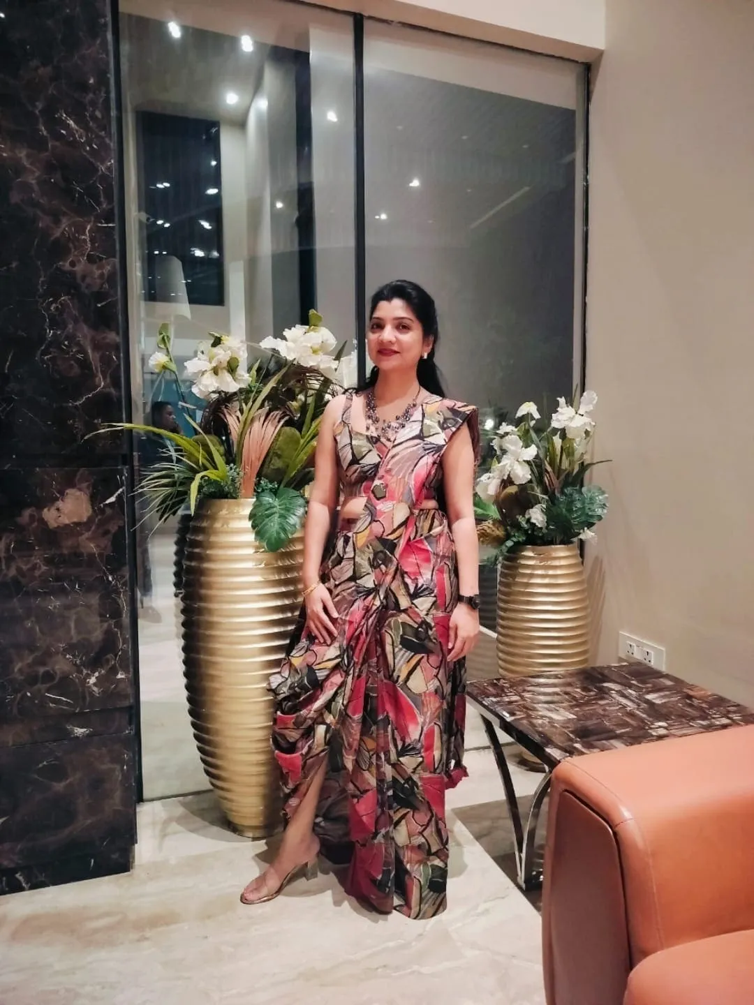 Red Abstract Drape Sari 3 Piece Set