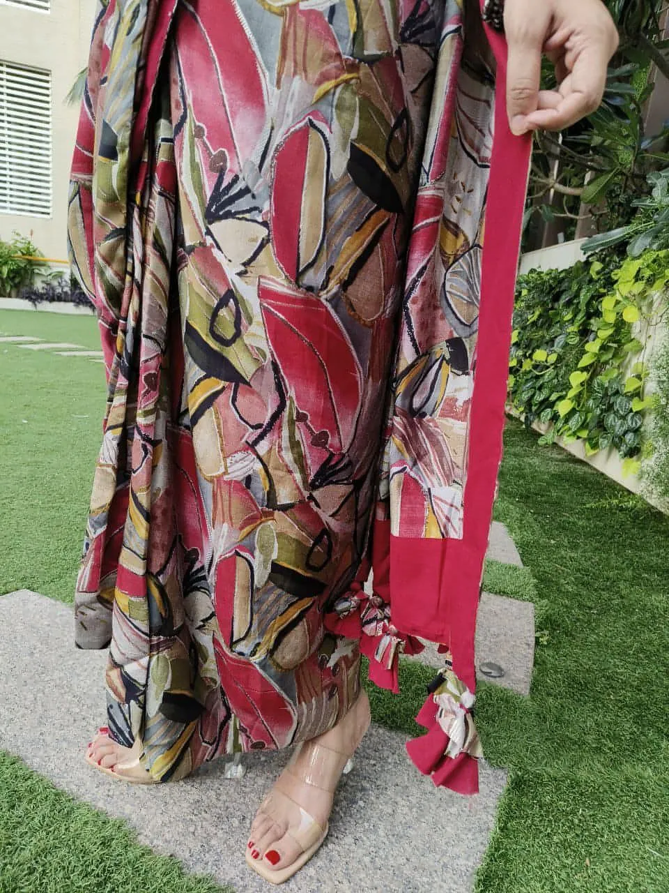 Red Abstract Drape Sari 3 Piece Set