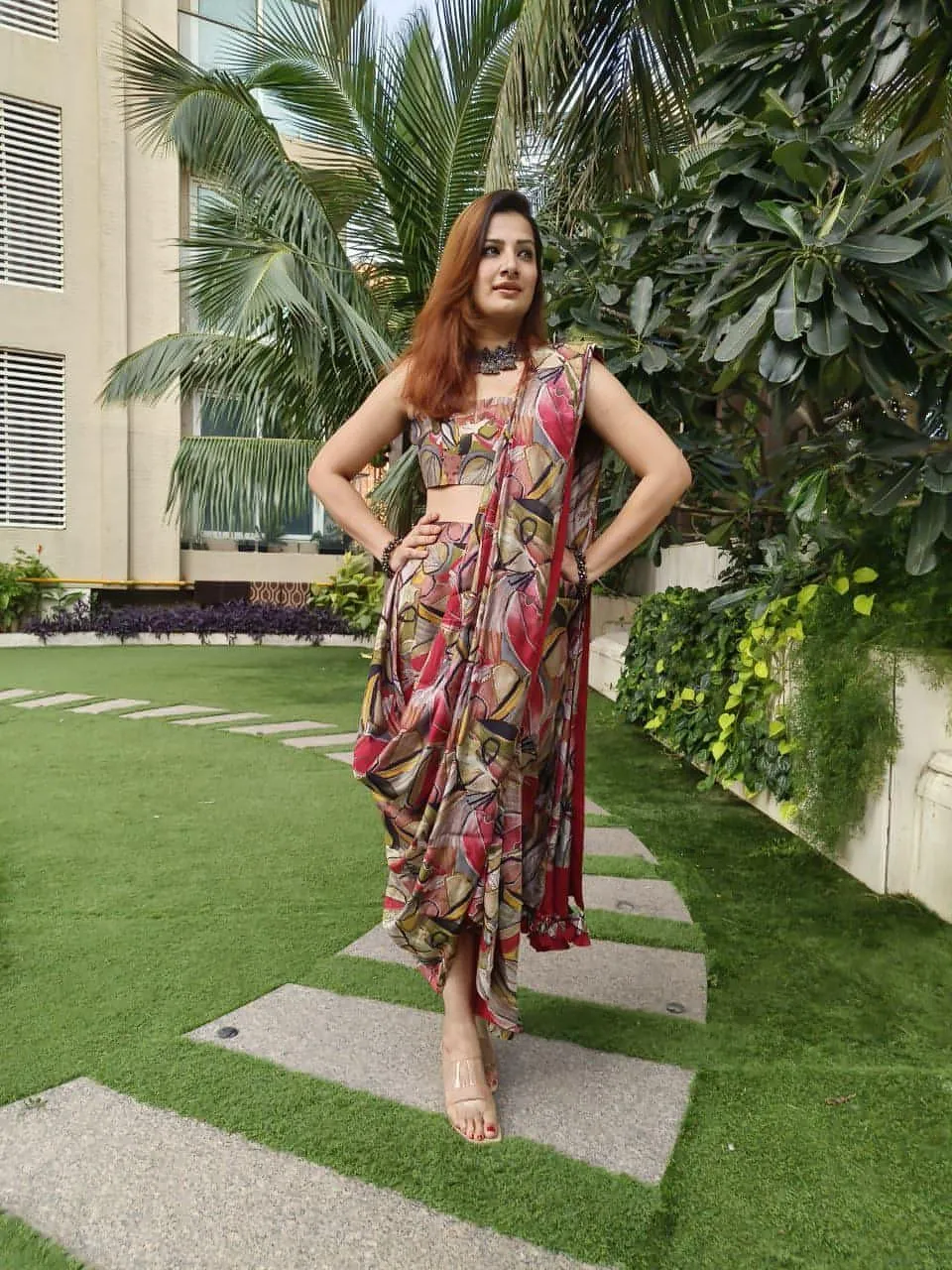 Red Abstract Drape Sari 3 Piece Set
