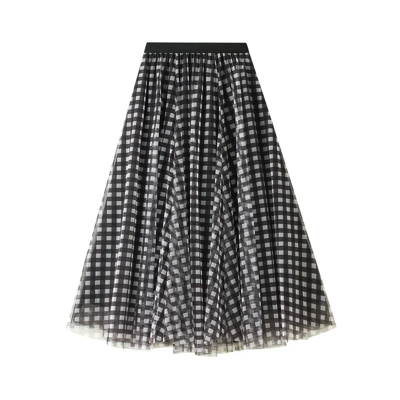 Retro Check Mesh Skirt Swing High Waist Mid Length Skirt  768